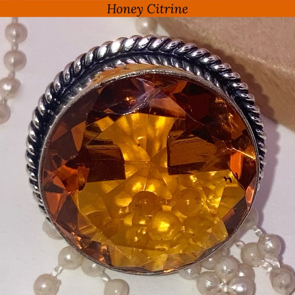 Honey Citrine Quartz Gemstone Chunky Handmade Halo Ring